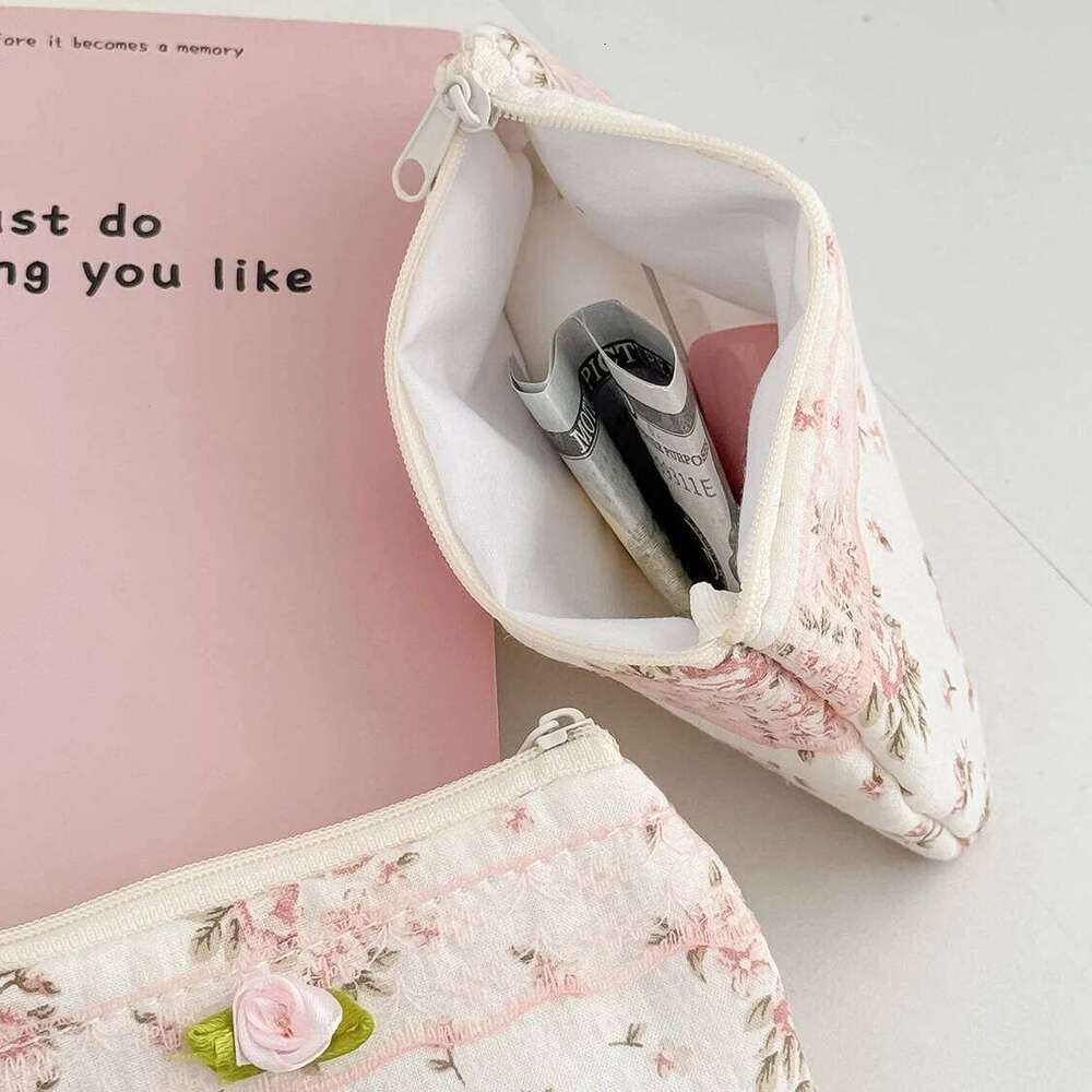 Pink Flower Women Small Makeup Bag Travel Organizer Cosmetic Coins Handbag Pouch Gilrs Cute Bow Square Zipper Wallet Bags Y260206