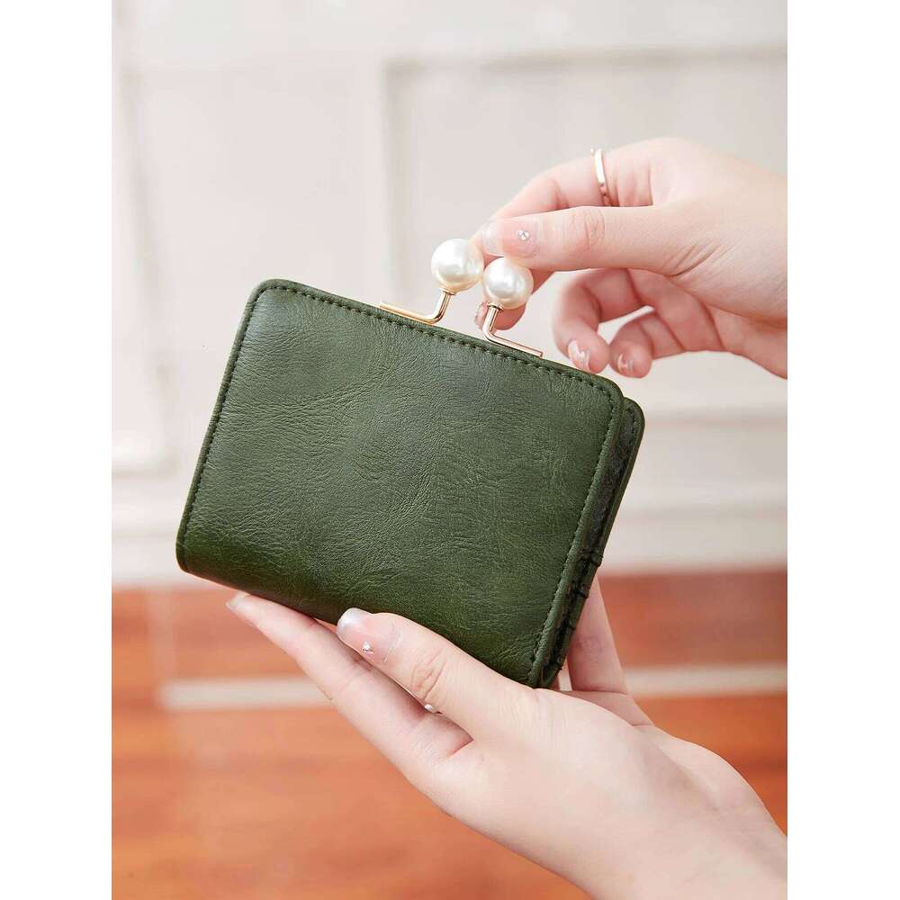 Women's Cute Pearls Kiss Lock multifunctional Trifold Large Capacity Short Wallet fashion PU Leather Coin ZeroWallet Y260206