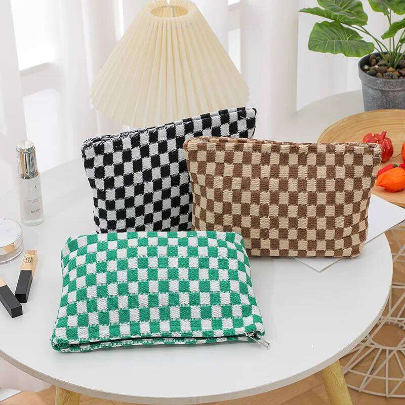 Checkered Cosmetic Travel Toiletry Organizer Cute Makeup Brushes Aesthetic Accessories Storage Bag for Women Y260206
