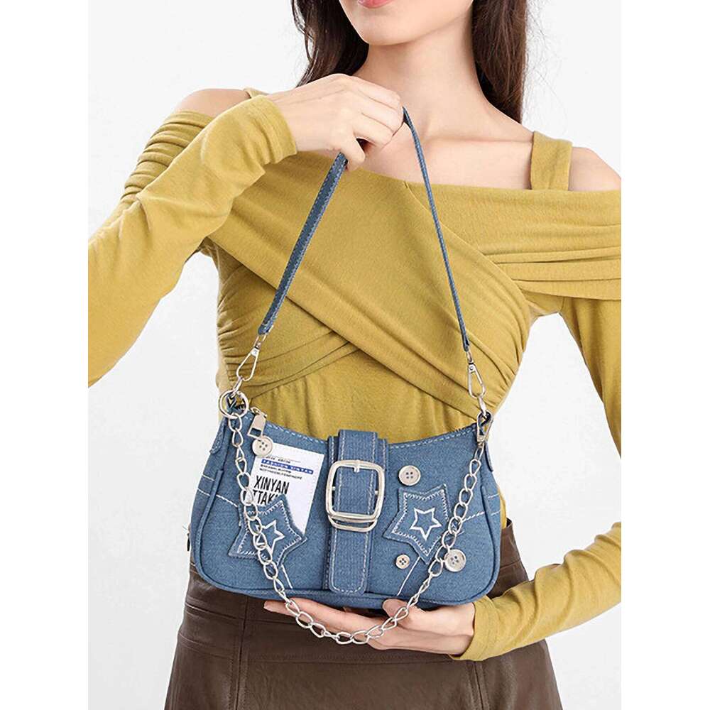 Y2K motorcycle hot girl style shoulder versatile star denim armpit bag Y260205
