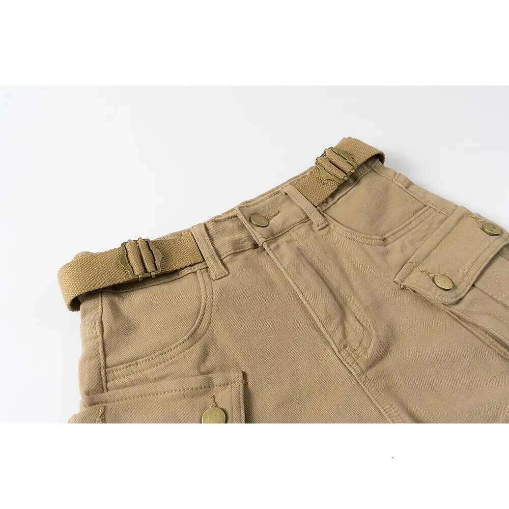 American Vintage Belt Trim High Waist Large Pockets Cargo Women A-line Long Legs Khaki Casual Shorts Hot Short Pant Chic XJ260206