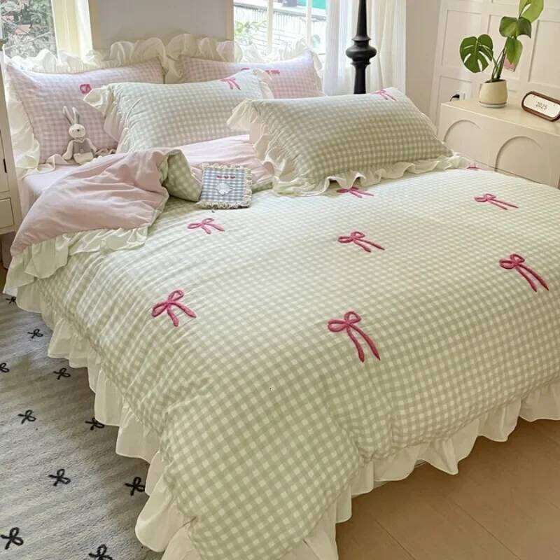 2025 spring and summer new Korean bow four-piece princess style lace washed cotton girl heart pink XJ260206