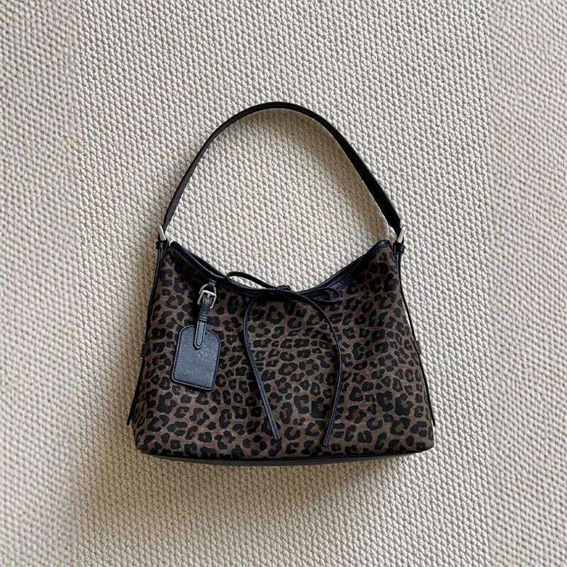 Korean Leopard Print Bow Luxury Brand Niche Design Soft Leather Underarm Casual Retro Shoulder Messenger Bag Y260205