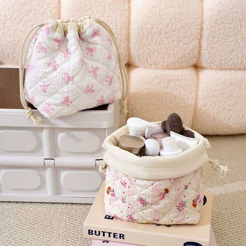 Storage Organizer Floral Bow Cotton Makeup Flower Printed Pouch Large Travel Cosmetic Make Up Bag Y260206