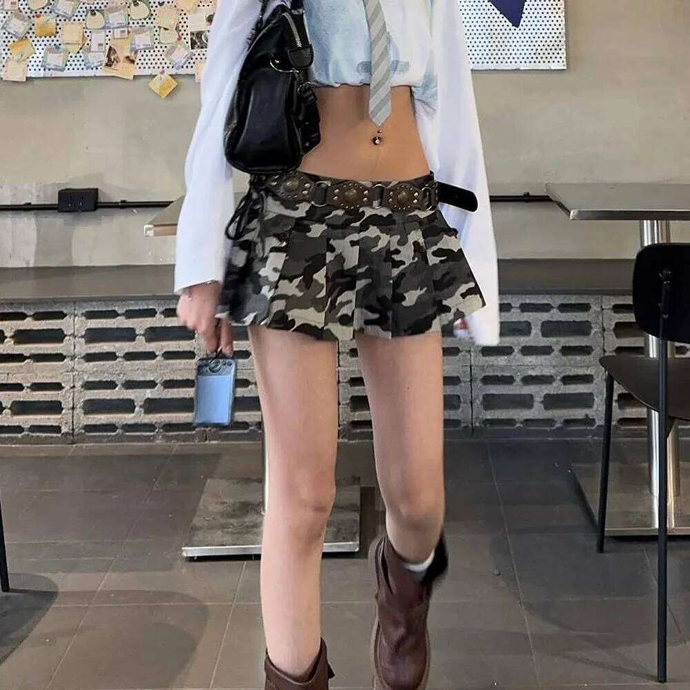 Sexy Camouflage Pleated Short Women 2026 New Strap Zipper Low Waist Y2k Skirt XJ260206