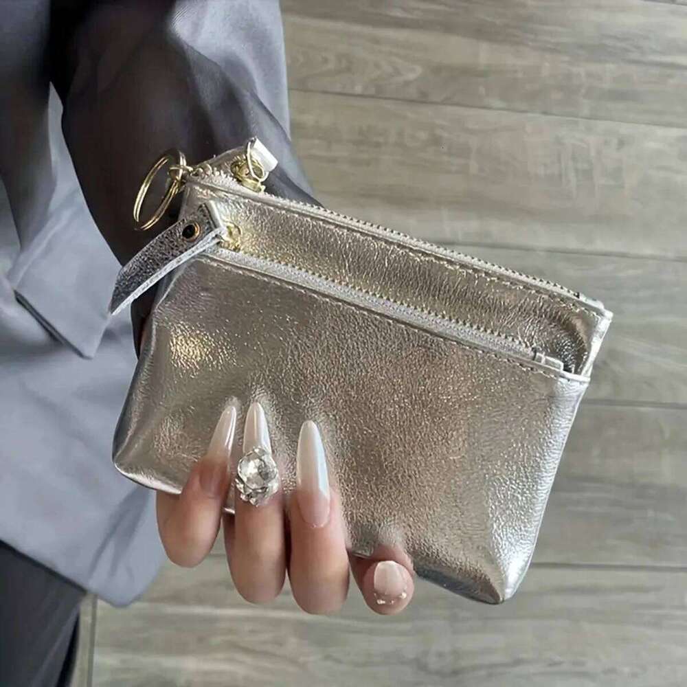 Silver zipper small wallet for women. Top layer cowhide mini pouch. Cracked texture key bag. Card holder. Coin purse. Y260206