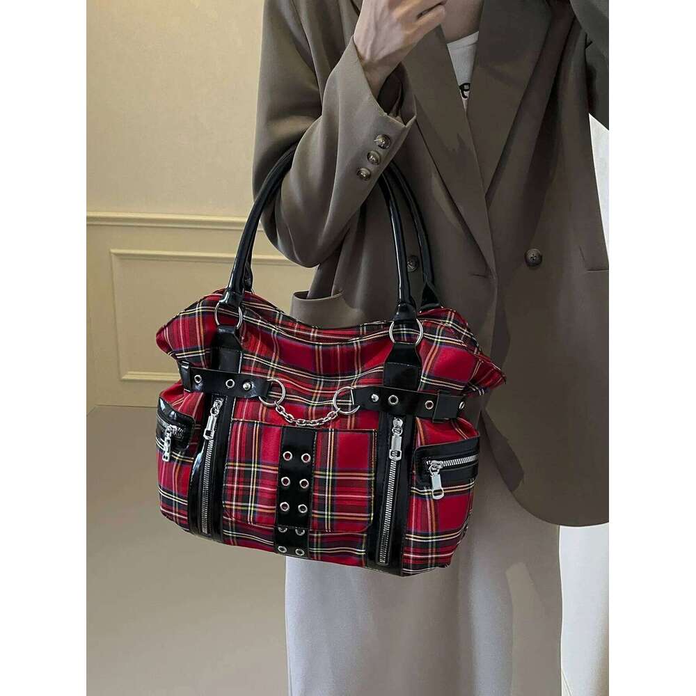 Fashion Trend Grid Gothic Punk Large Capacity Tote Bag2026Canvas Casual Commuter Versatile Shoulder Bag Bolsa De Un Hombro Mujer Z260207 - view 3