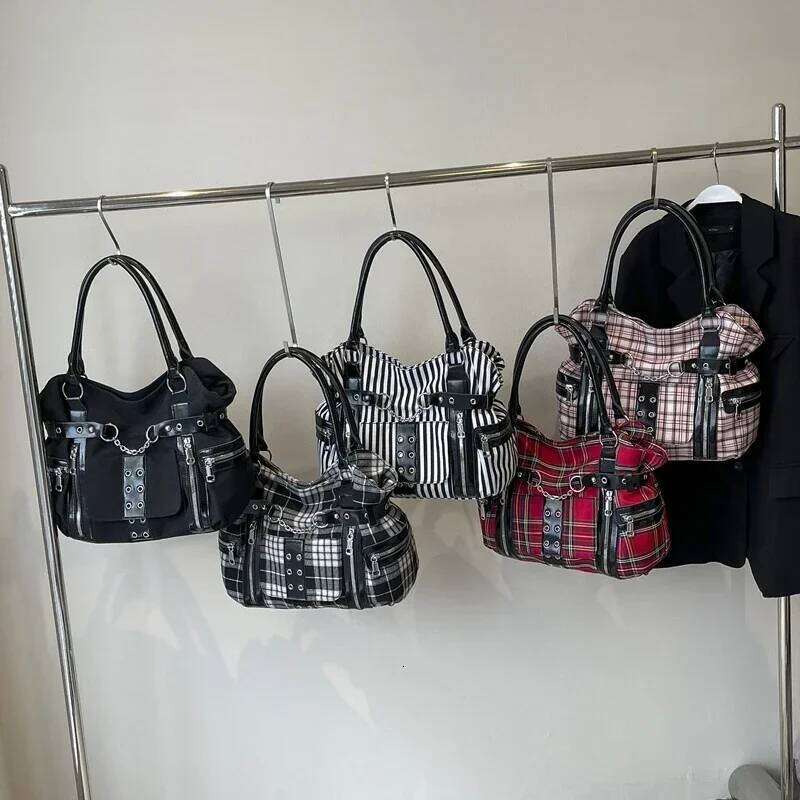 Fashion Trend Grid Gothic Punk Large Capacity Tote Bag2025Canvas Casual Commuter Versatile Shoulder Bag Bolsa De Un Hombro Mujer Y260205