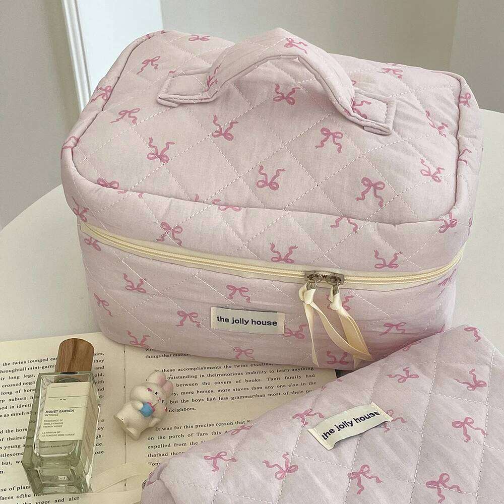 2024 Pink Bowknot Quilting Women Cosmetic Bag Portable Zipper Makeup Travel Organizer Female Handbag Toiletry Pouch For Girls Y260206