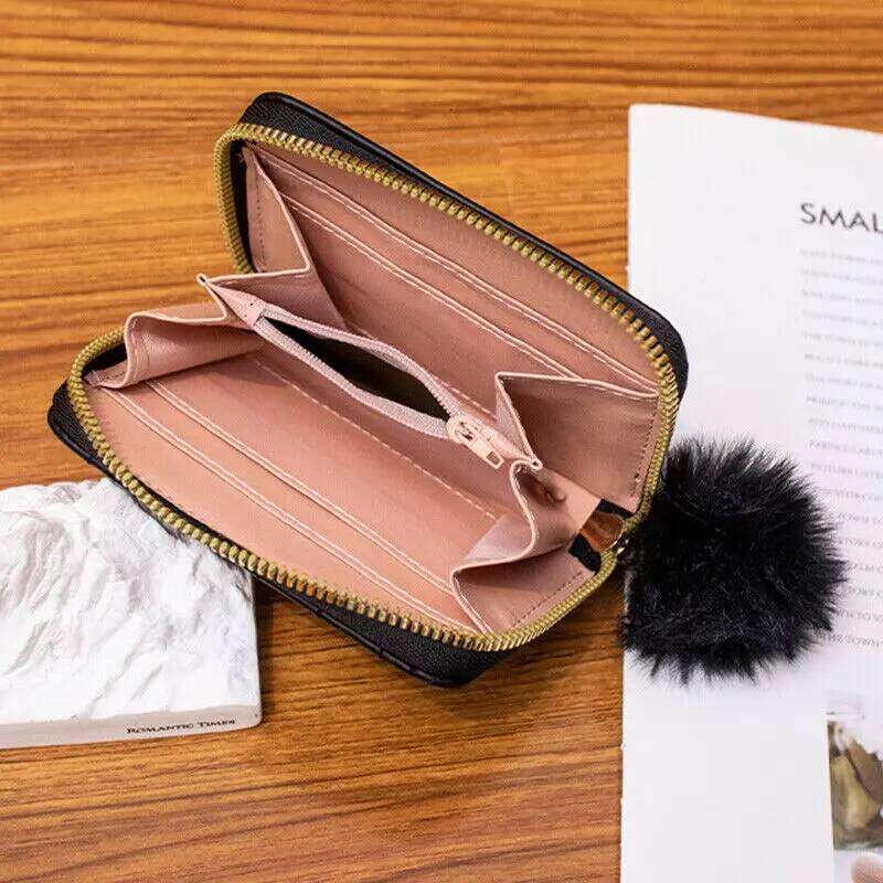 Bifold Purse Compact Size Pompom Ball Small Wallet Genuine Leather Credit Card Holder For Travel Accessory Daily Use Y260206