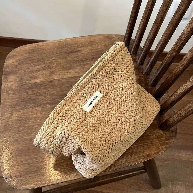 Rice Grain Pattern Woven Fabric Handbag, Women'S Travel Cosmetic Storage Organizer, Makeup Pouch, Zipper Closure, Toiletry Bag Y260206