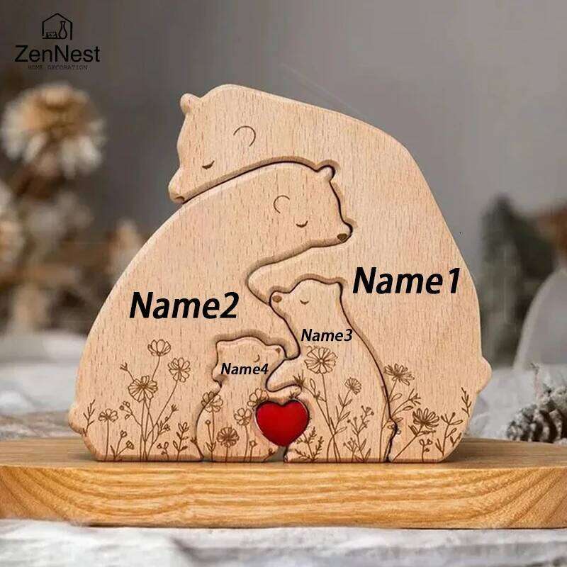 Artistic Wooden Little Bear Family Personalized Name Puzzles, Thanksgiving Christmas Gifts, Home Tabletop Decorations S260204
