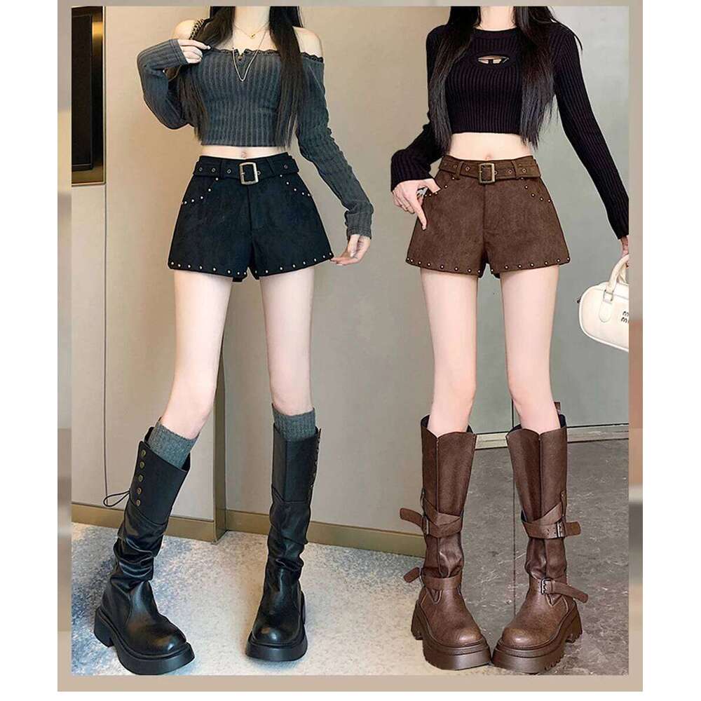 American Style Rivets Suede Women's Short Pants 2025 Autumn Winter New High Waist Slim Fit Hot Girl Trendy A-Line Chic Shorts XJ260206