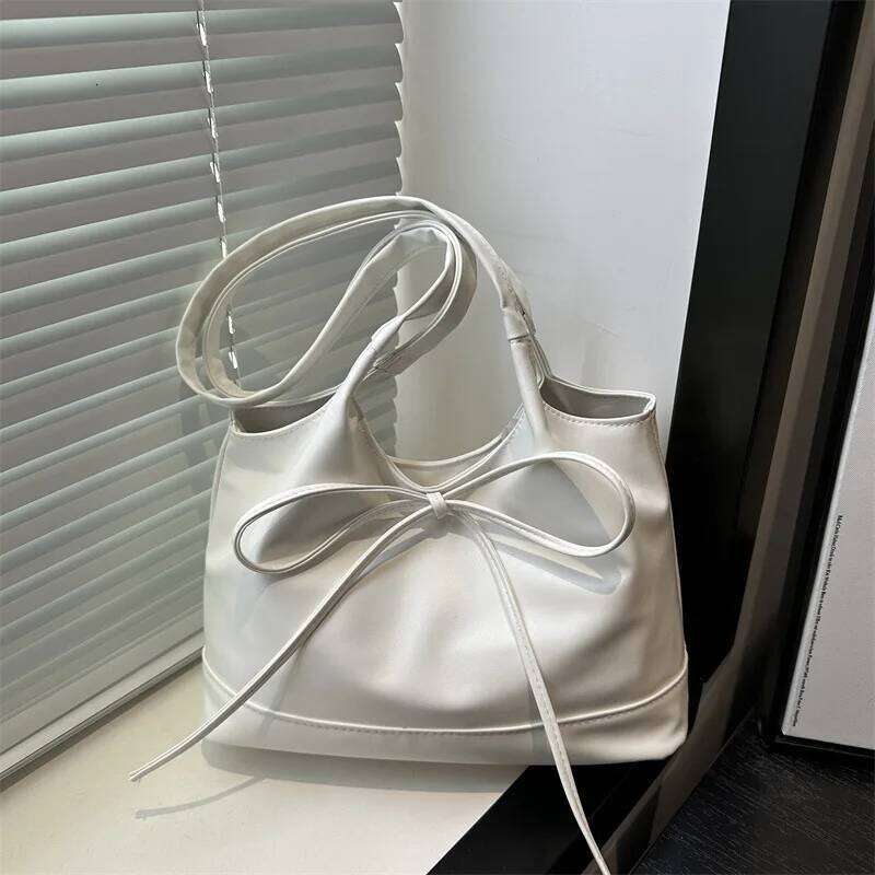 Sweet Bow Women Commuter Shoulder Bags Candy Color Large Capacity Ladies Handbags Simple Pu Leather Female Bucket Tote Bag Y260205