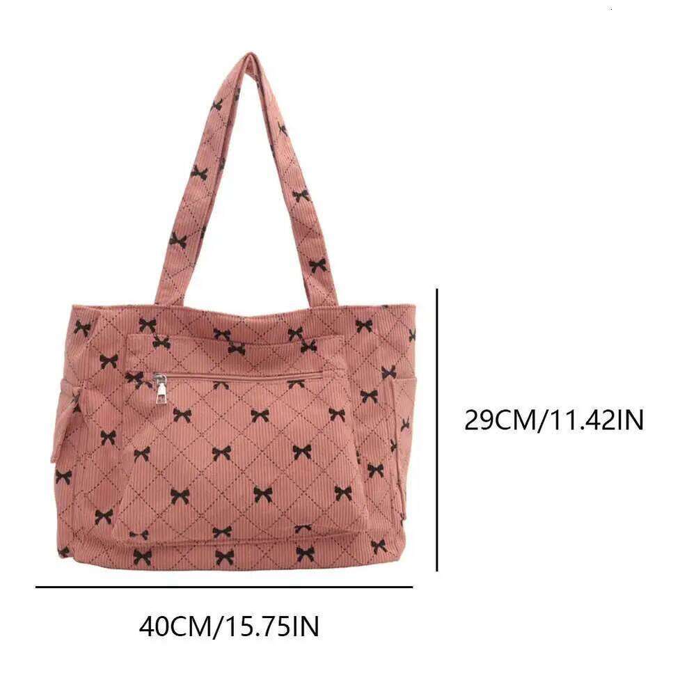 Corduroy Women Fashion Shoulder Large Capacity Casual Commute Bow Pattern Tote Bag Ladies Multiple pockets Underarm Bags Y260204