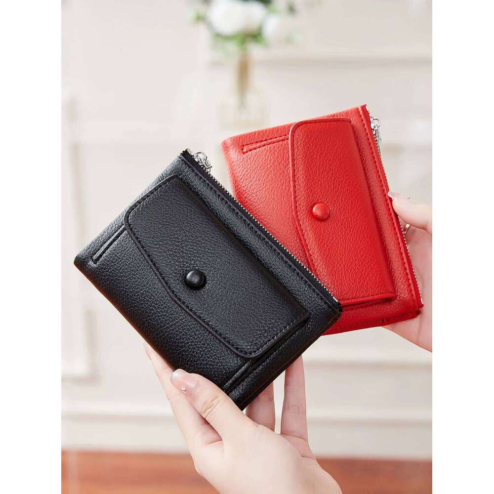 Women's PU leather short double zippered wallet simple solid color large capacity credit card holder bag with coin pocket Y260206