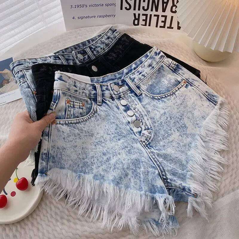 Button Tassel Edge Denim for Women's Summer High Waisted Gradient Wide Leg Pants Jeans Y2k Shorts XJ260206