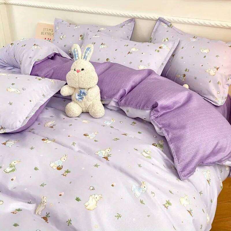 Cute Rabbit Bedding Set Ins Style Floral Duvet Cover No Filler Pillowcases Flat Sheet Single Full Size Girls Bed Linens XJ260206