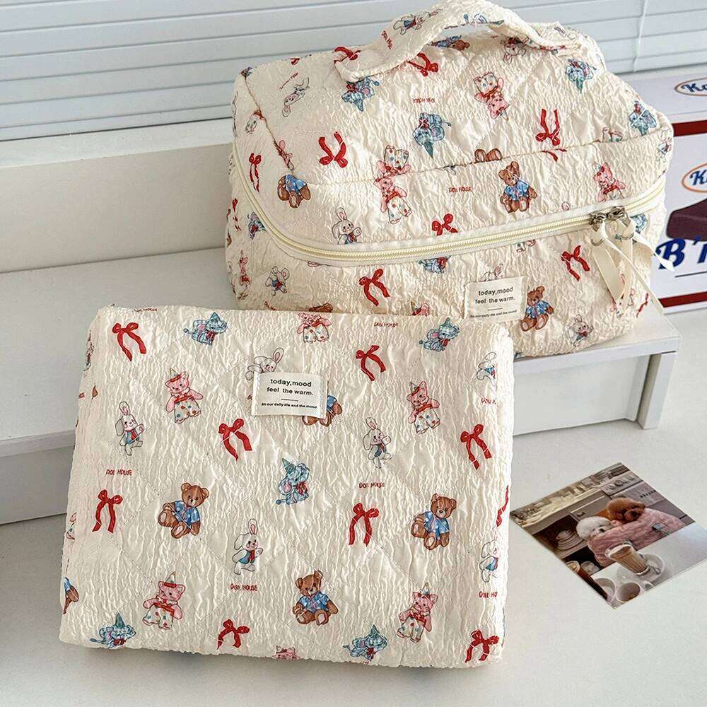 Kawaii Cartoon Animals Women Quilted Large Capacity Cosmetic Toiletry Organizer Pouch 3 Type Ladies Zipper Makeup Bag Y260206