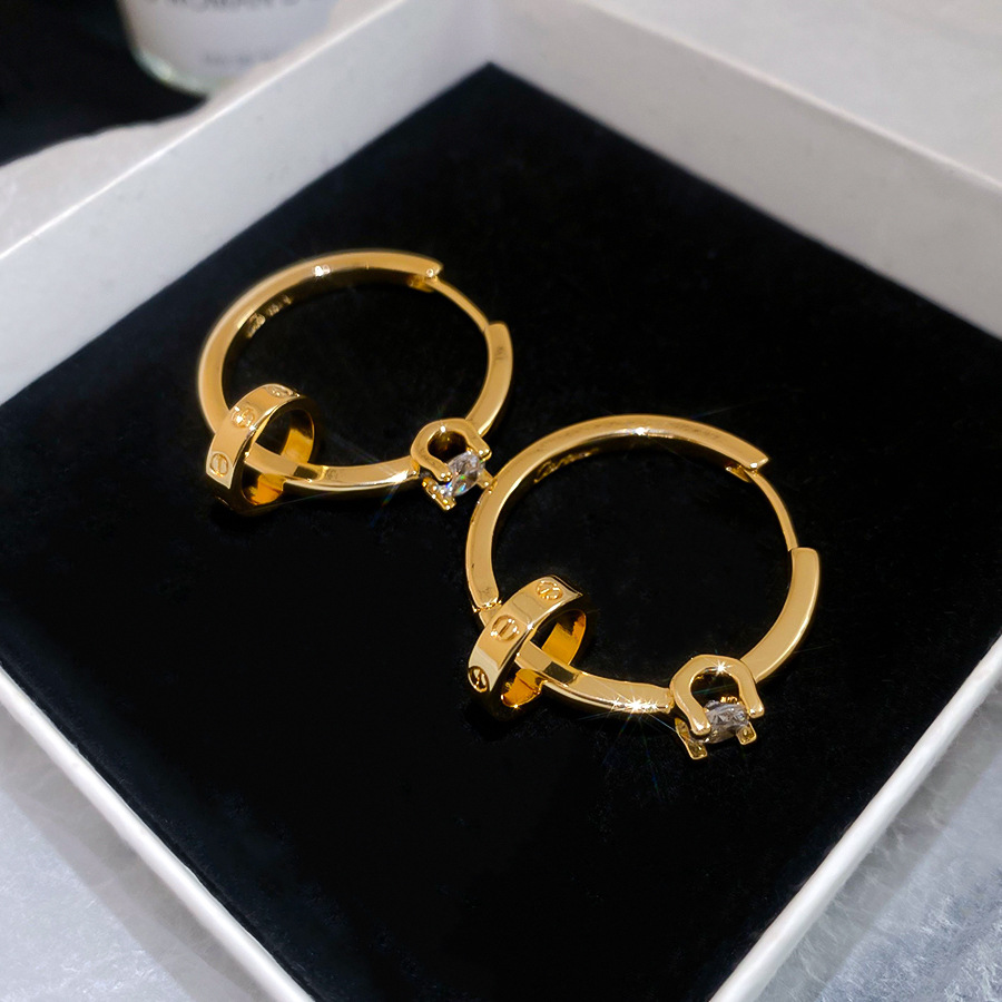 Real gold-plated zircon round earrings, casual, simple, stylish, versatile, light luxury, high-end earrings for women - view 5