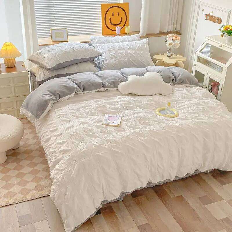 Simple Bubble Style Ab Single Quilt Bedding Four-piece Set Coral Mattress Cover Milk Fleece Bed Sheet XJ260206