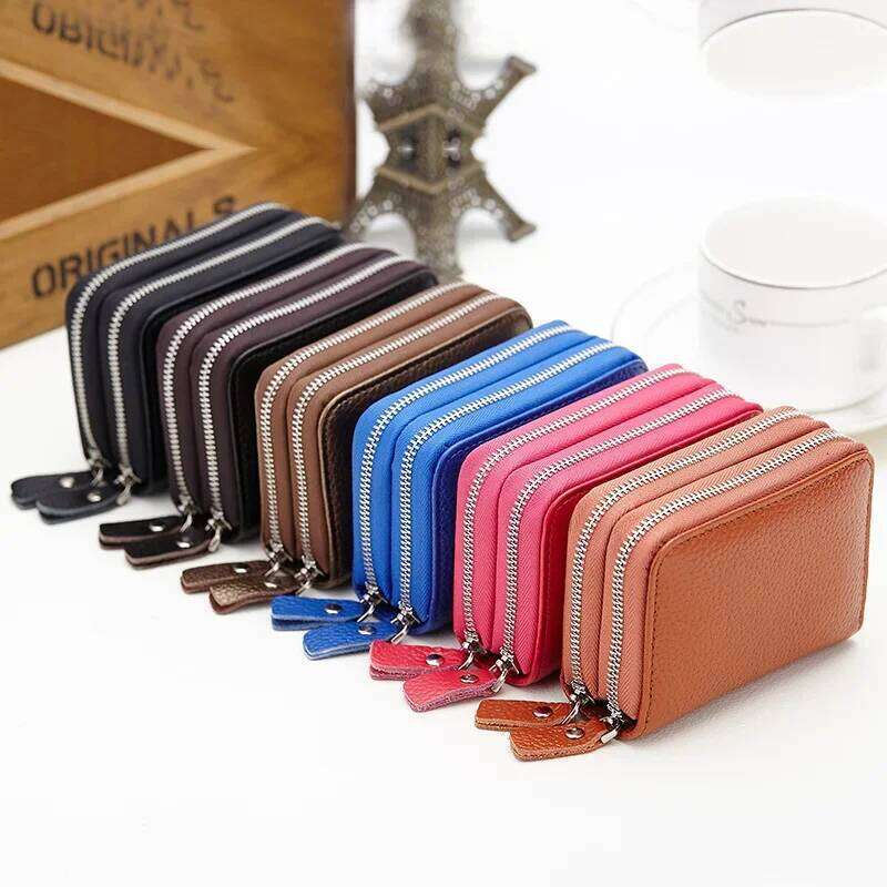 Genuine Men & Women Mini Short Wallet Cow Leather Coin Purse Solid Holder Accordion Card Slots Double Zipper Pocket Y260206