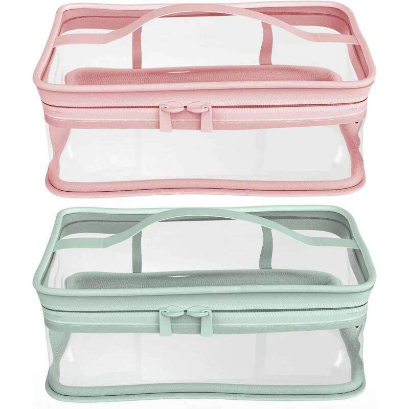 Portable Travel Waterproof Storage 2 Pieces PVC Zipper Makeup Bag Pink and Green Two-Tone Model Y260206
