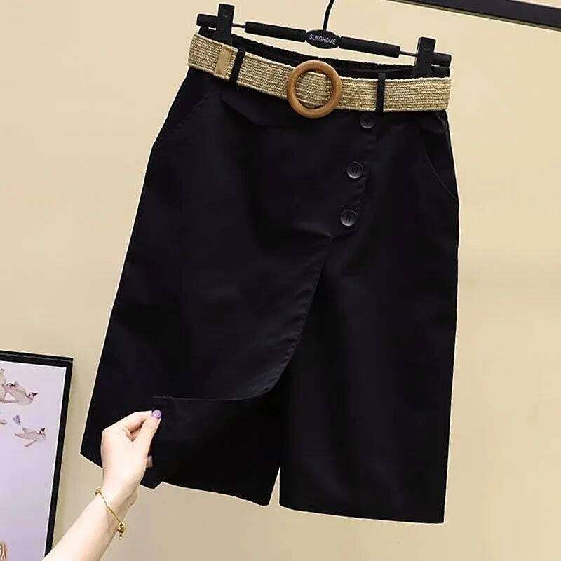 Pants Skirt for Women Shorts Summer Wide Leg Blue High Waist Straight-legged Pockets Woman Short Black Korean Fashion Culotte XJ260206