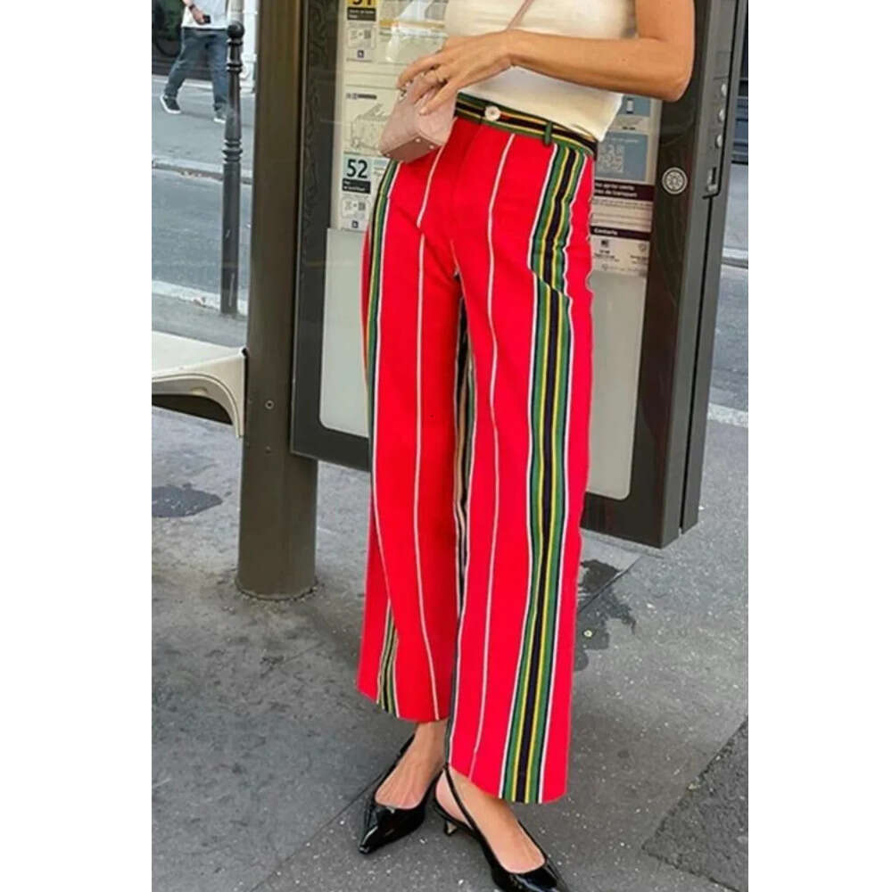 Women's Pants Contrast Color Striped Vintage Casual Straight Women High Waisted Trousers Fashion Printed Pocket Pant H260206