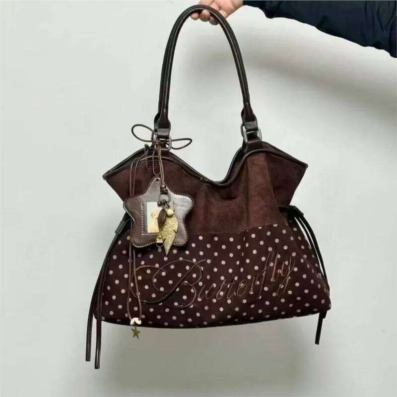 Sweet Harajuku Polka Dot Tote Women Embroidered Letter Large Capacity Shoulder Bag Ladies Drawstring Versatile Underarm Bags Y260205