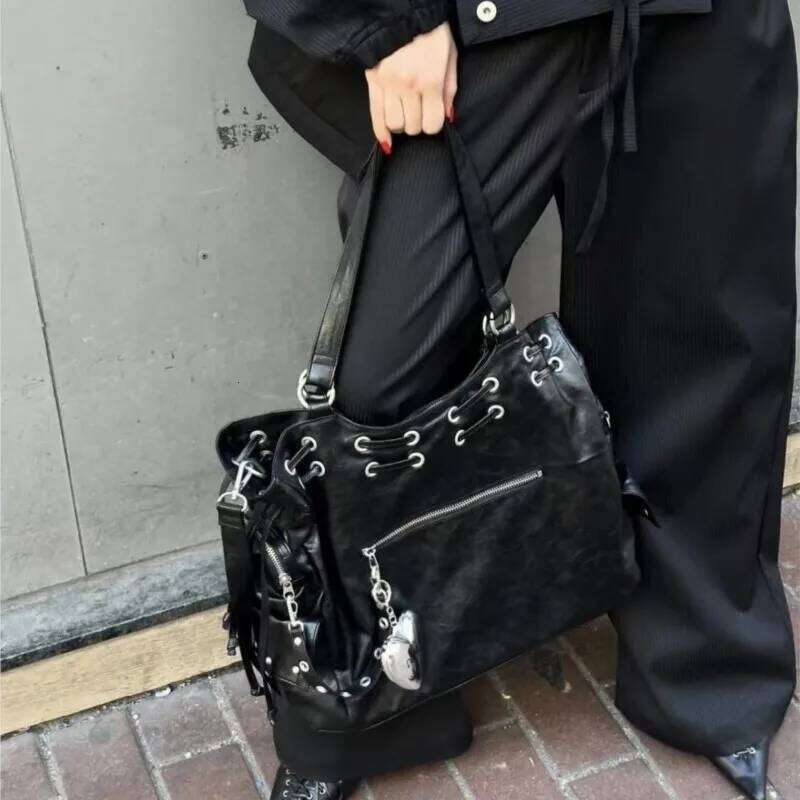 High Street Rivet Large Capacity Tote Bag Purse Women Retro Pocket Pu Leather Y2k Handbag Ladies Harajuku Casual Crossbody Bags Y260205