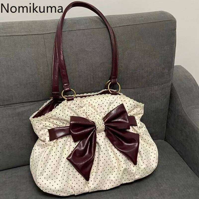 Chic Polka Tote Casual Commuting Vintage Women Handbags Shoulder Versatile Large Capacity Dot Design Bow Sweet Bag Y260205
