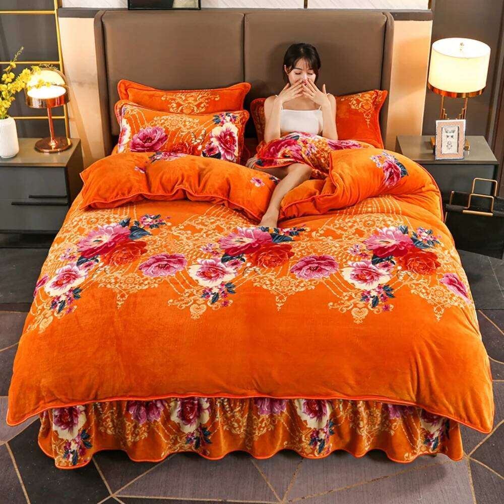 Milk Bedding Set Home Winter Warm Four-Piece Sets Double-Sided Thickened Flannel Quilt Cover Sheet Coral Velvet Bed Skirt XJ260206