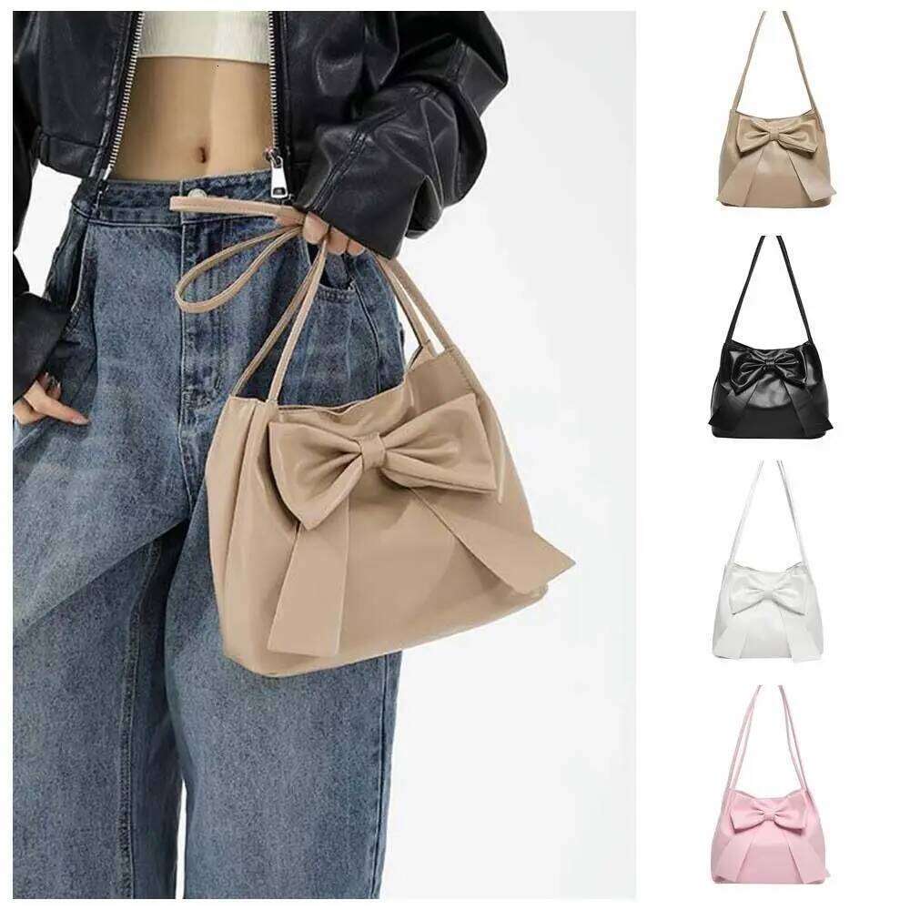 Simple Solid Color PU Bow Shoulder Bucket Korean Style INS Tote Luxury Portable Fashion Underarm Bag Women Y260205