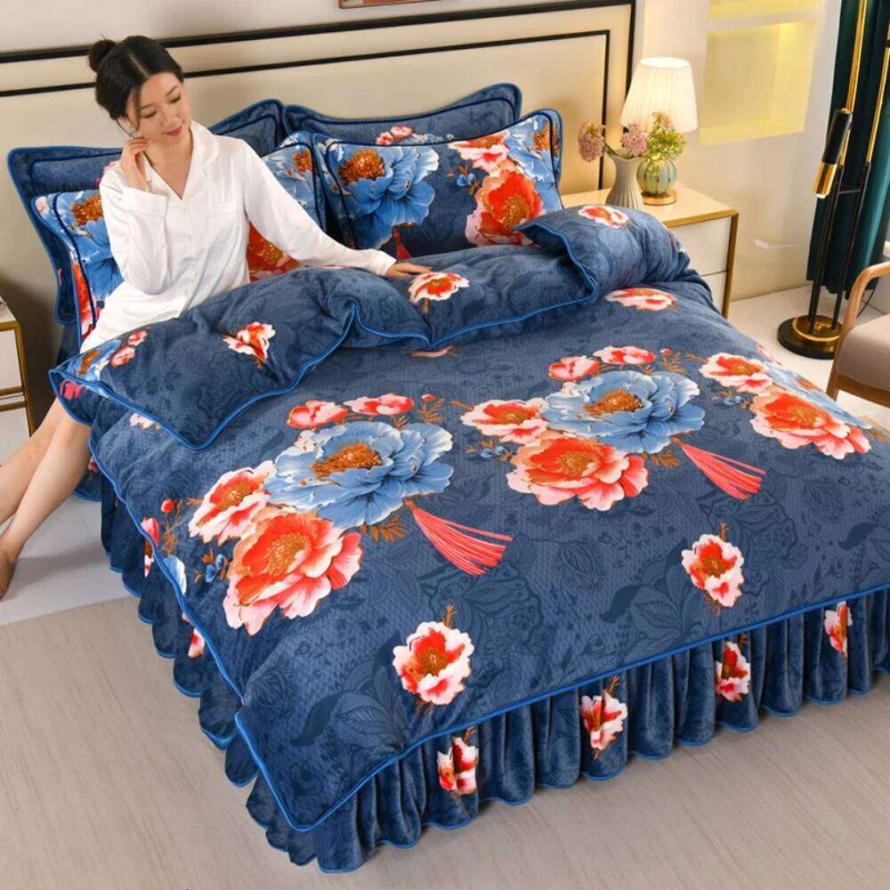 Winter Warm Coral Bedding Sets Double-Sided Thickened Class A Four-Piece Set Home Quilt Cover Sheet Milk Velvet Bed Skirt XJ260206