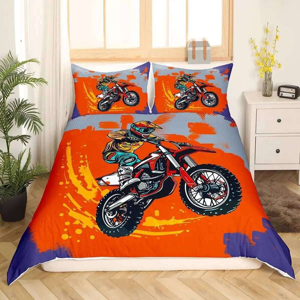 3pcs Cool Motorbike Bedding Set Dirt Bike Duvet Twin Motocross Rider Comforter Cover Extreme Sports For Boys Adults XJ260206