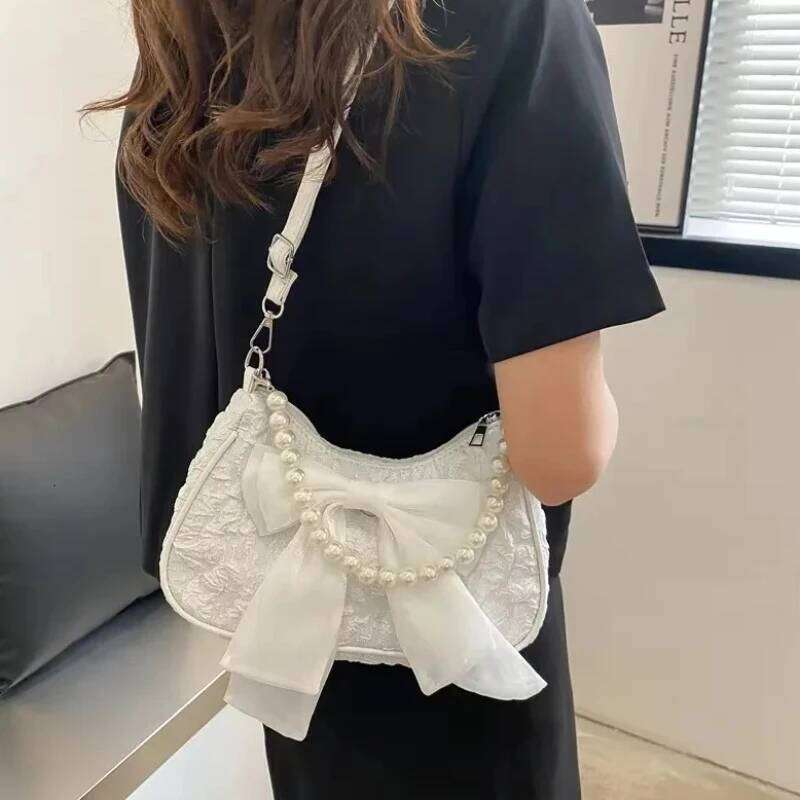 Women Retro Bow Single Shoulder Crossbody Bag Fashion Pearl PU Purse Handbag Y260205