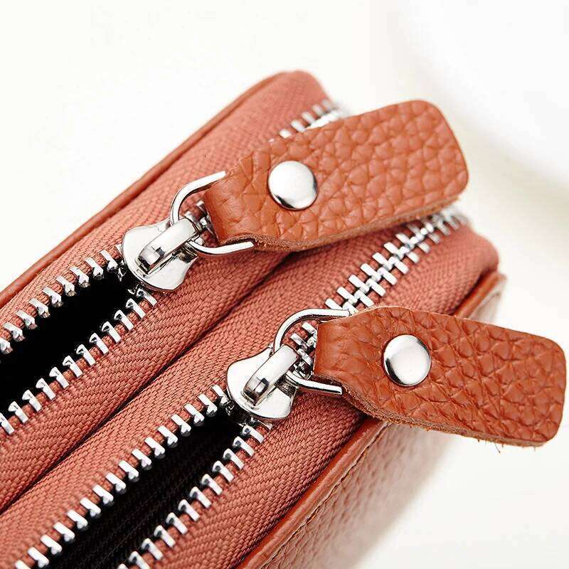 Genuine Men & Women Mini Short Wallet Cow Leather Coin Purse Solid Holder Accordion Card Slots Double Zipper Pocket Y260206