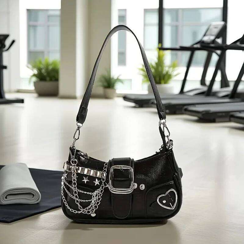 Y2k Women's Korean Style Shoulder Bag with Detachable Chain Strap Star Accents Zipper, PU Crossbody Bag, Versatile Travel Purse Y260205