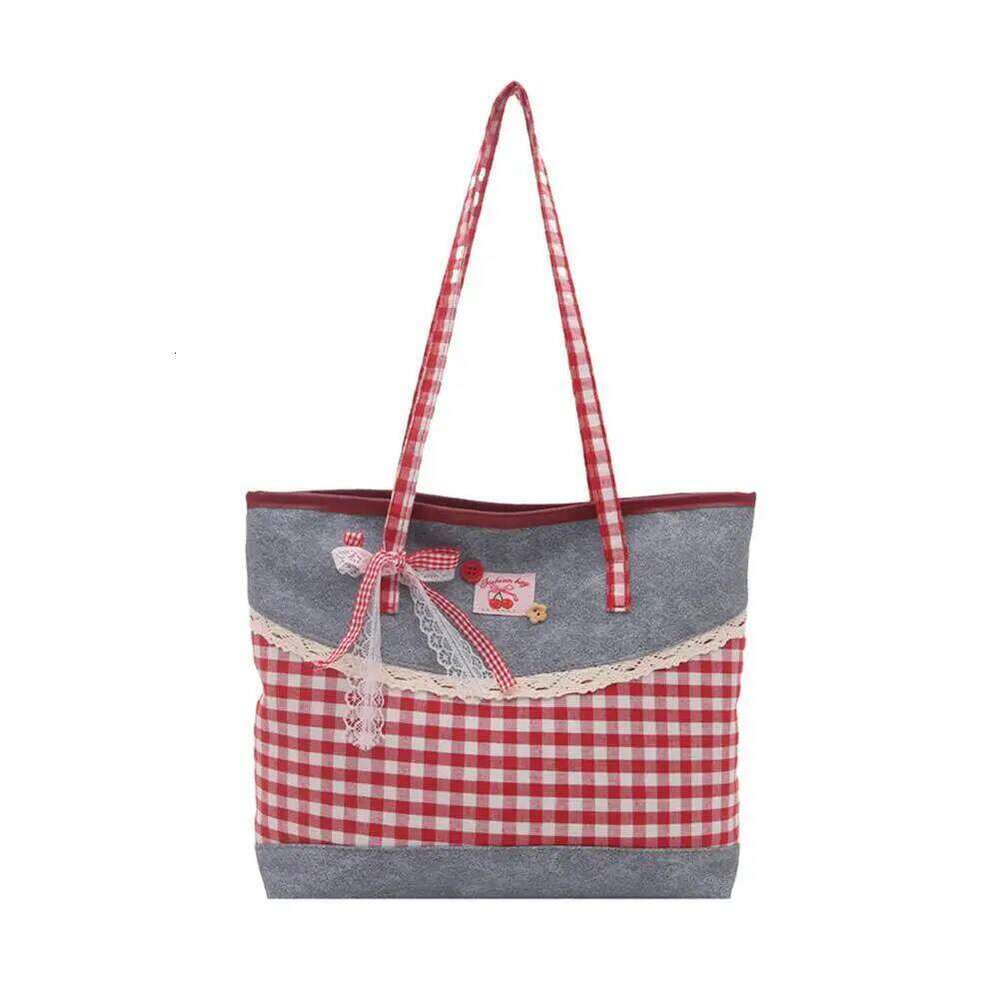 Retro Lattice Lace Bow Shoulder Lovely Rural Style Denim Plaid Handbag Leisure Vintage Commuting Tote Bag Women Z260207 - view 7