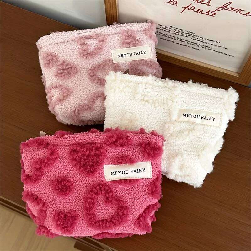 Women's Wool Velvet Heart-shaped Printed Makeup Sweet Style Travel Bag, Thick Portable Skincare Storage Bags Y260206