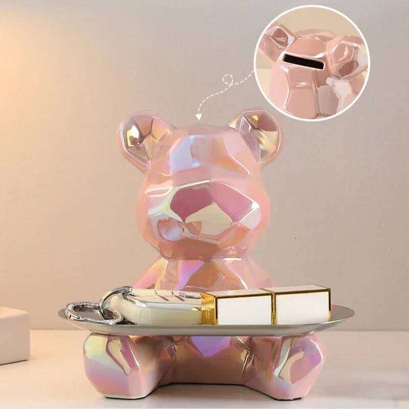 1 piece abstract ceramic electroplated bear with keys, cosmetic storage tray, and piggy bank bookshelf statue decoration. S260204