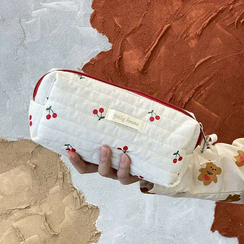 Quilted Cotton Ladies Travel Storage Retro Cherry Women's Cosmetic Bags Cute Design Girls Pencil Case Makeup Bag Handbags Y260206