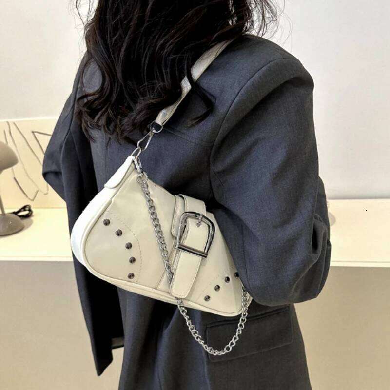 Female Grunge Shoulder Motor Gothic Y2k Chain Handbags Luxury White PU Lether Small Cool Purse Vintage Underarm Bag Z260207 - view 3