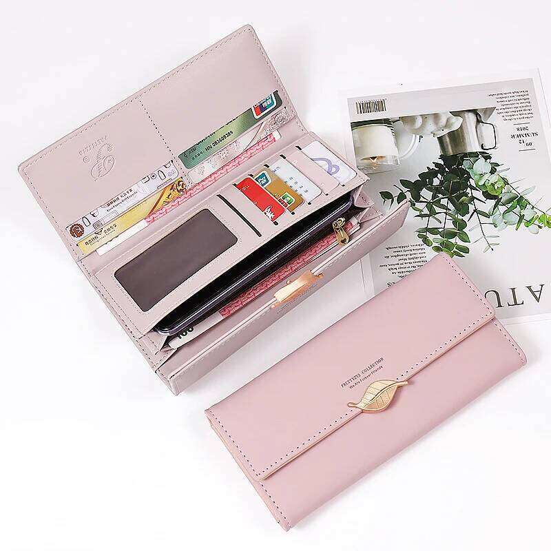 Summer new net red women's purse Japan and South Korea small fresh personality hardware leaf buckle hand bag 3 fold long wa Y260206