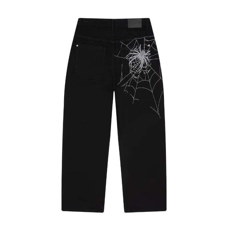 Y2K man Spider web embroidery vintage pattern wide leg pants American style street wear Rock Hip Hop Denim jeans X260207