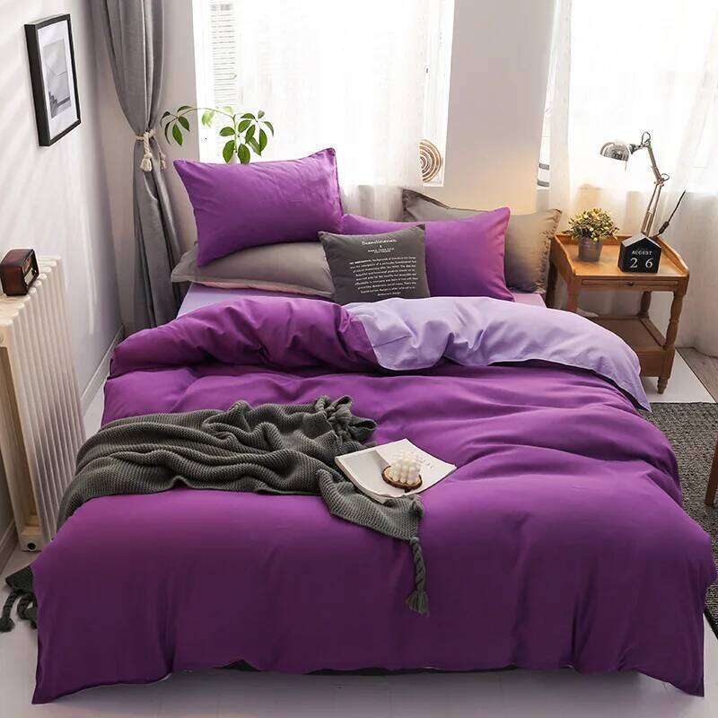 4Pcs Skin Friendly and Brushed Duvet Set, Solid Brown Purple Quilt Cover with Sheet Pillowcases, Luxury Hotel Bedding Set XJ260206