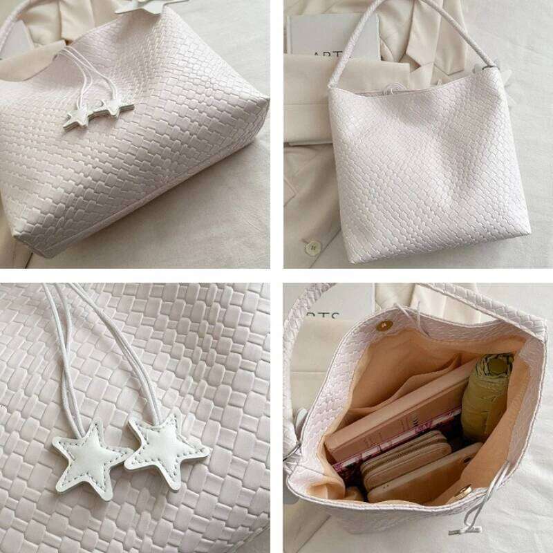 Large Capacity Woven PU Bucket Shoulder Bags for Women Commuter Solid Color Ladies Star Handbag Simple Female Underarm Bag Tote Y260205