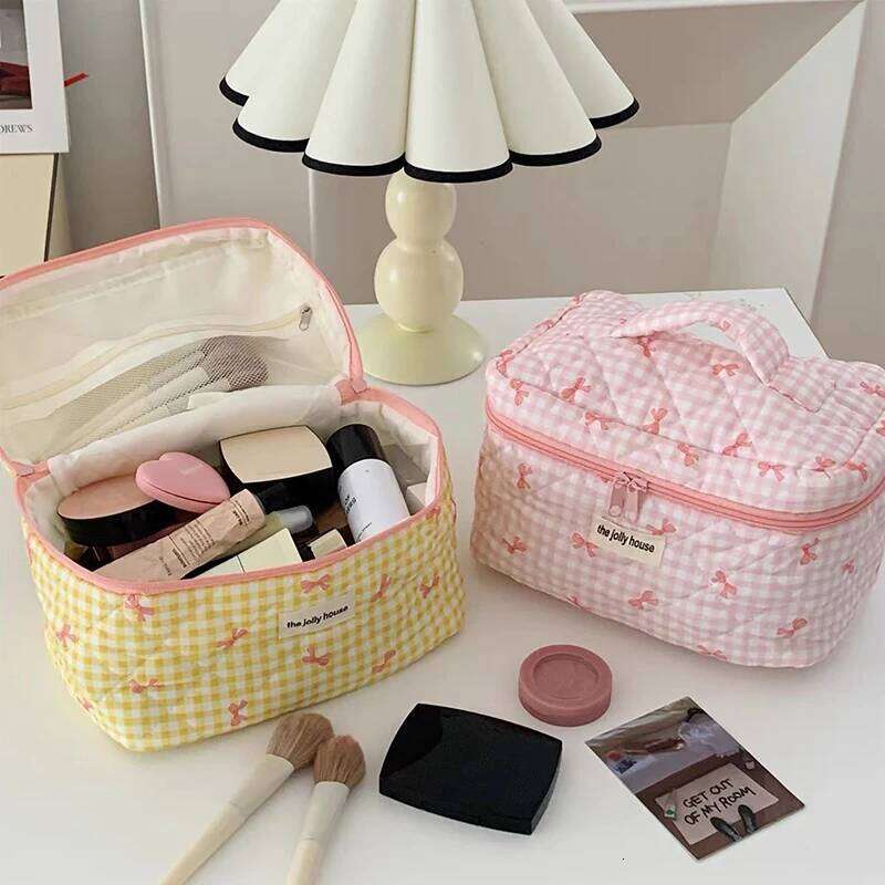 New Cartoon Bow Knot Tote Makeup Zipper Women Large Capacity Quilting Pouch Washbag Cute Portable Cosmetic Storage Bag Y260206