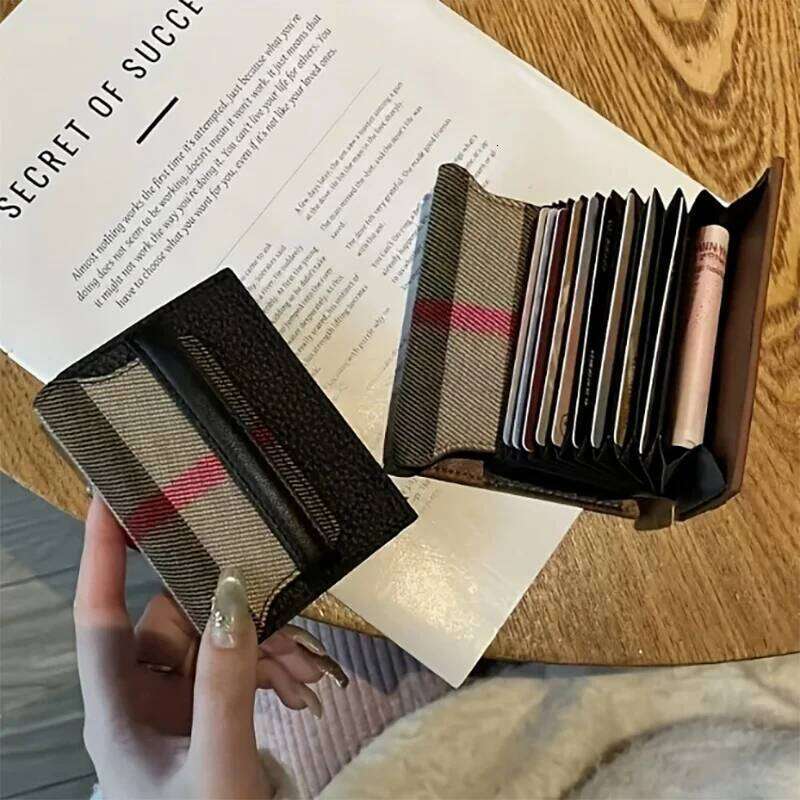 1pc Genuine Leather Vintage Card Holder for Women Stylish Multi-Slot Wallet with Snap Closure, Brown & Beige Plaid Design Y260206